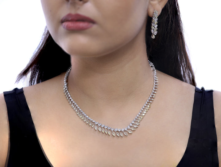 92.5 Sterling Silver Leaf Drop Double-Line Necklace 18890
