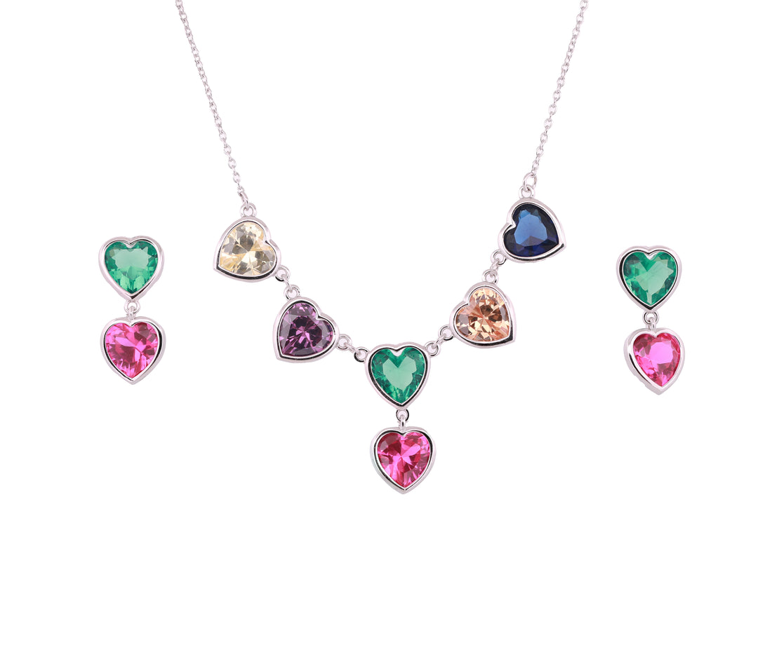 92.5 Sterling Silver Multi-Heart Charm Chain Pendant Set 18907