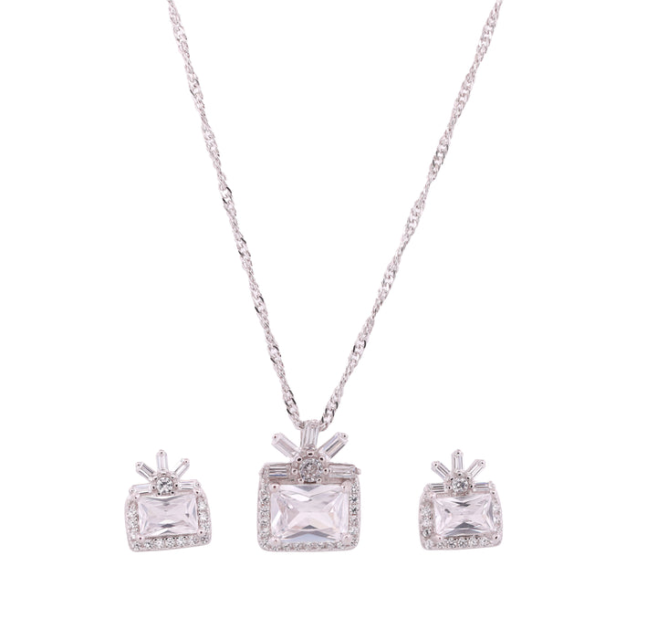 92.5 Sterling Silver Crown Sparkle Rectangular Chain Pendant Set 19378