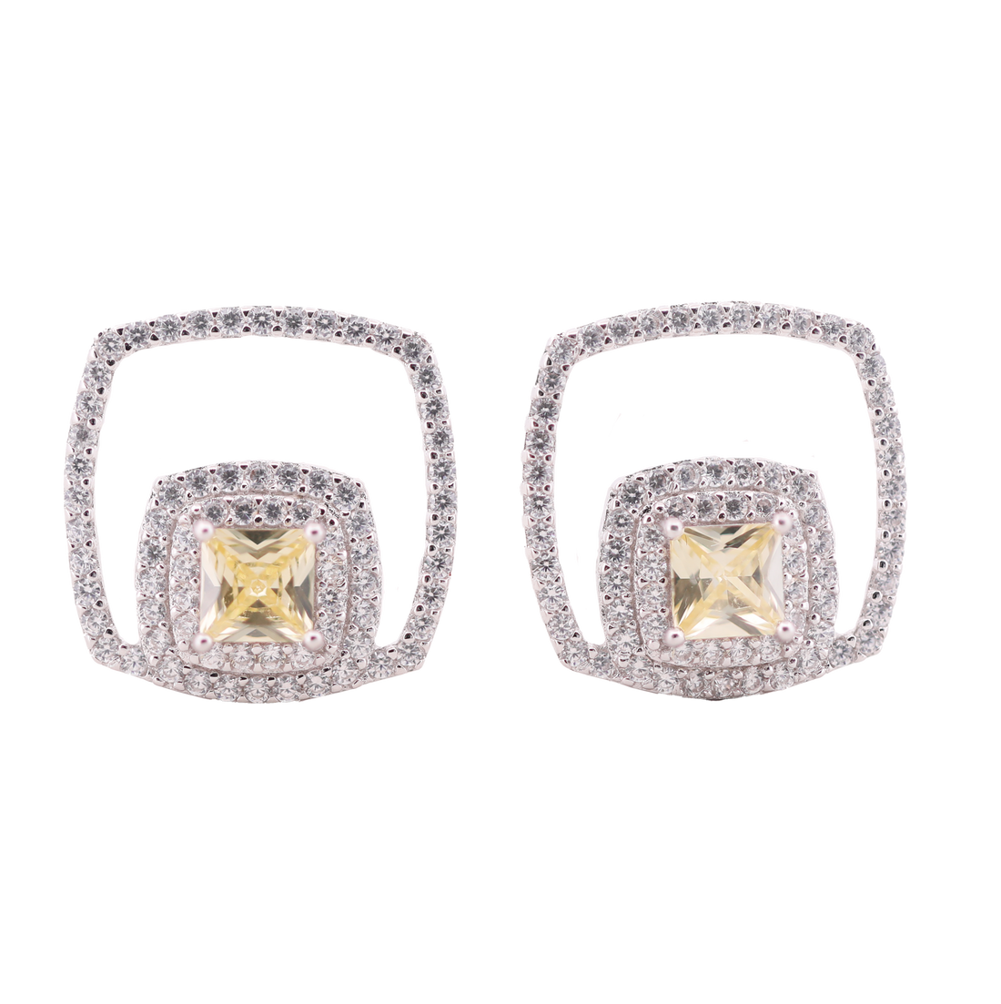 92.5 Sterling Silver  Princess-Cut Double Square Halo Stud Earrings 20440