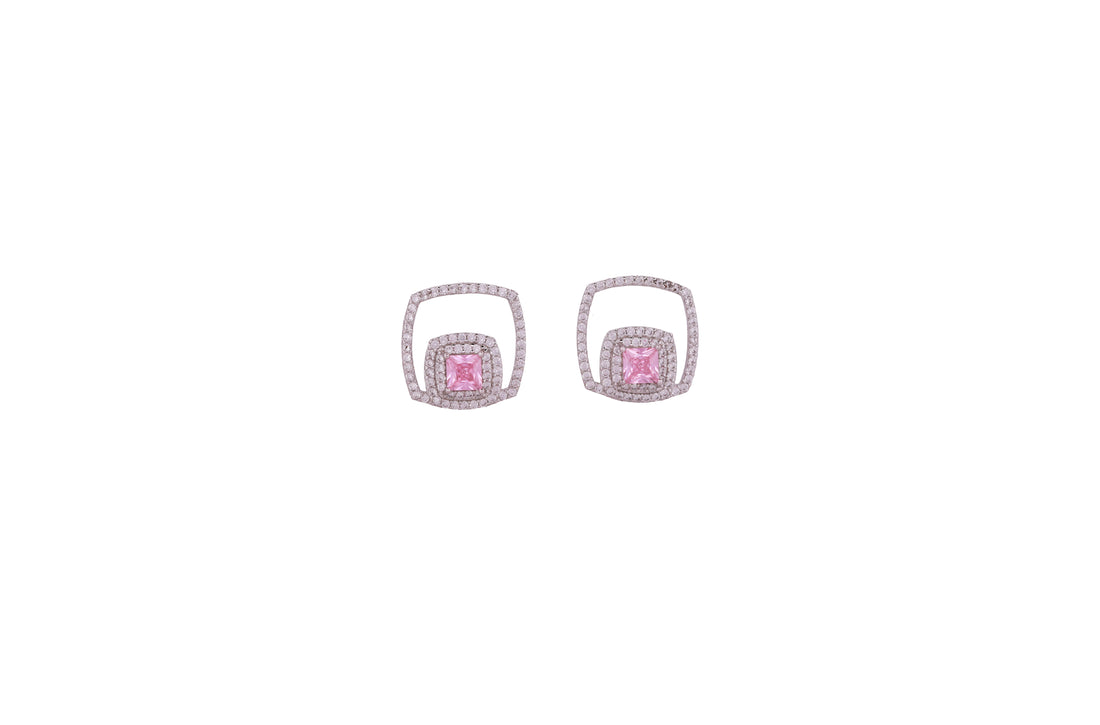 92.5 Sterling Silver  Princess-Cut Double Square Halo Stud Earrings 20440