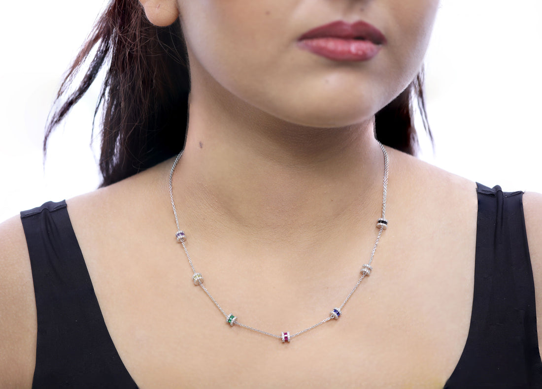92.5 Sterling Silver  Multi-stone Rolling Beads Necklace 20516