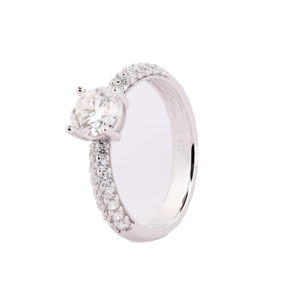 92.5 Sterling Silver Round Solitaire Double Row Pavé Finger Ring 6684