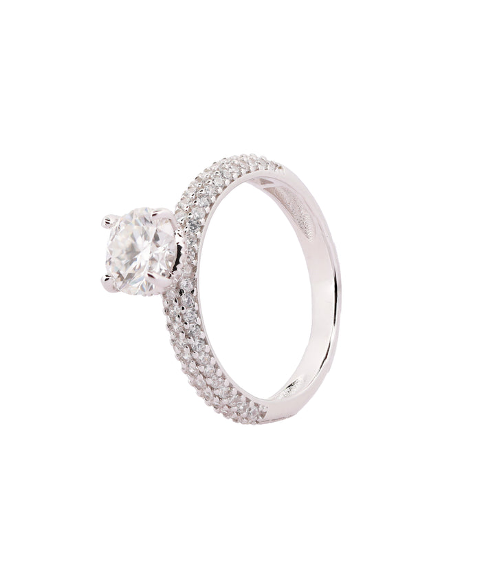 92.5 Sterling Silver Triple Row Pavé Solitaire Finger Ring 6678