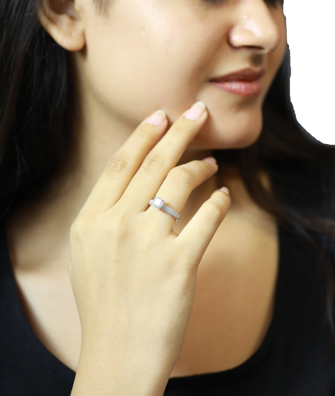 92.5 Sterling Silver Triple Row Pavé Solitaire Finger Ring 6678