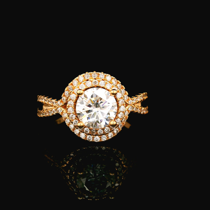 92.5 Sterling Silver Golden Mirage Halo Finger Ring with Moissanite Diamond 24976