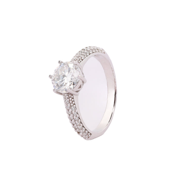 92.5 Sterling Silver Double Row Pavé Solitaire Finger Ring 6681