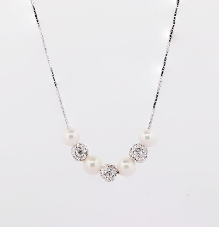 92.5 Sterling Silver Pearl & Crystal Bead  Chain Pendant 15557
