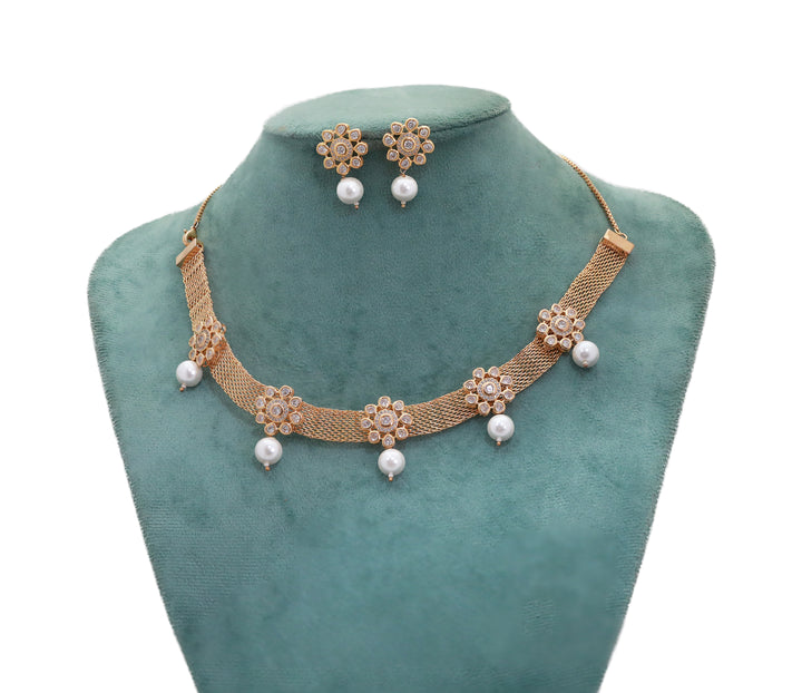 Zircon Fusion Floral Pearl Necklace Set 2984