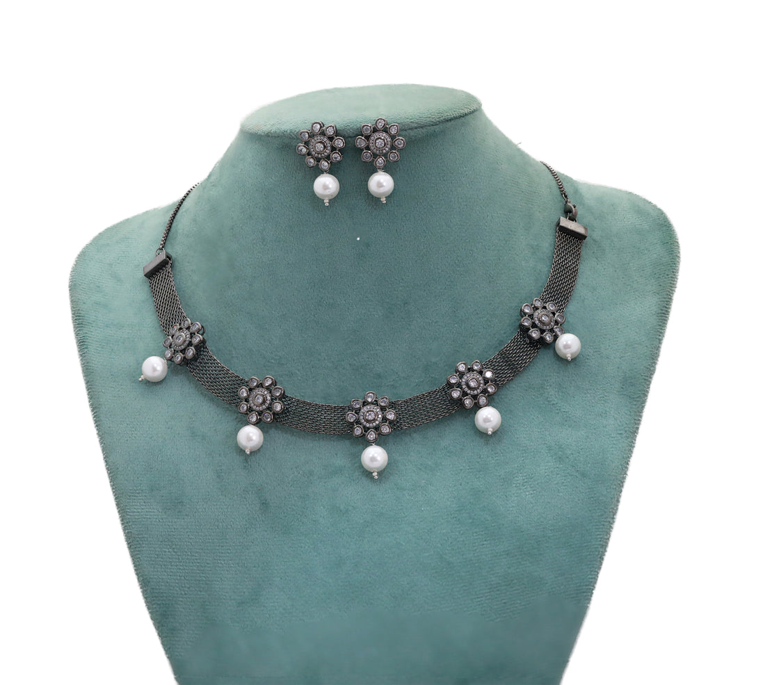 Zircon Fusion Floral Pearl Necklace Set 2984