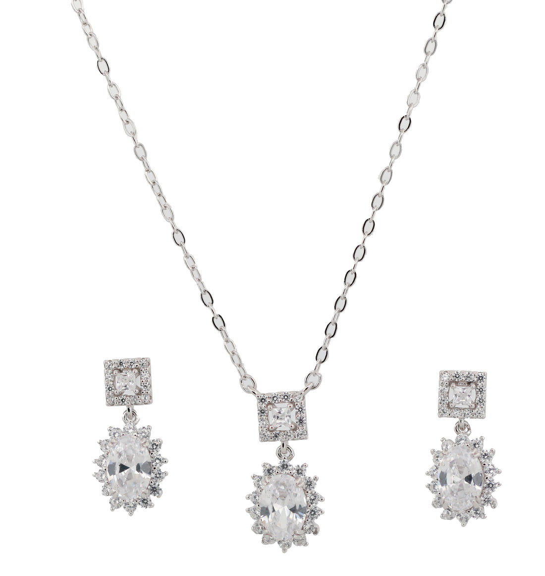 92.5 Sterling Silver Bridal-Style Halo Drop  Chain Pendant Combo Set 15779