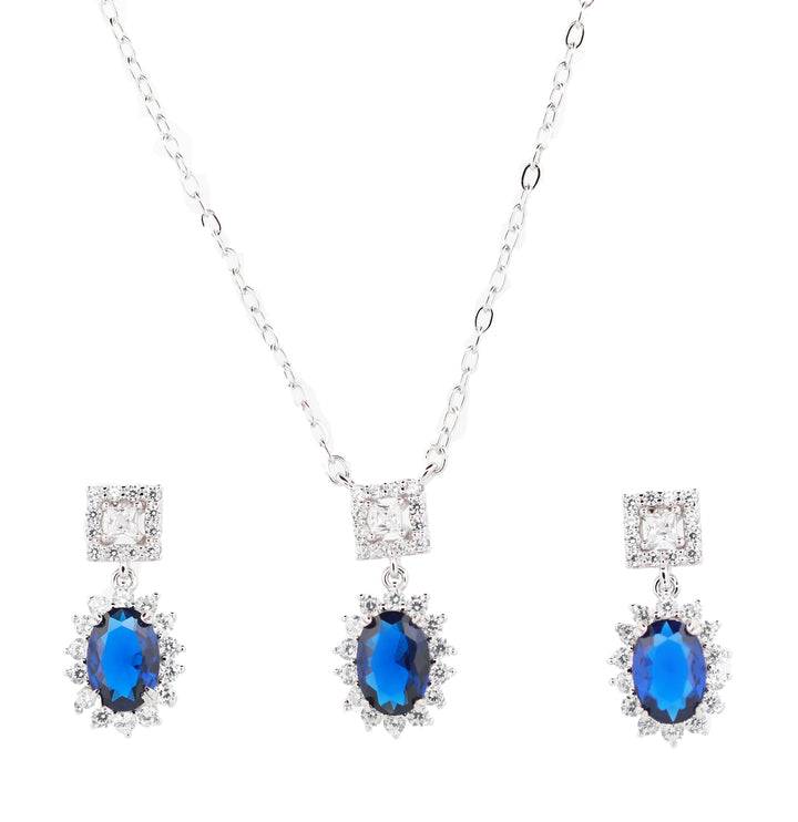 92.5 Sterling Silver Bridal-Style Halo Drop  Chain Pendant Combo Set 15779