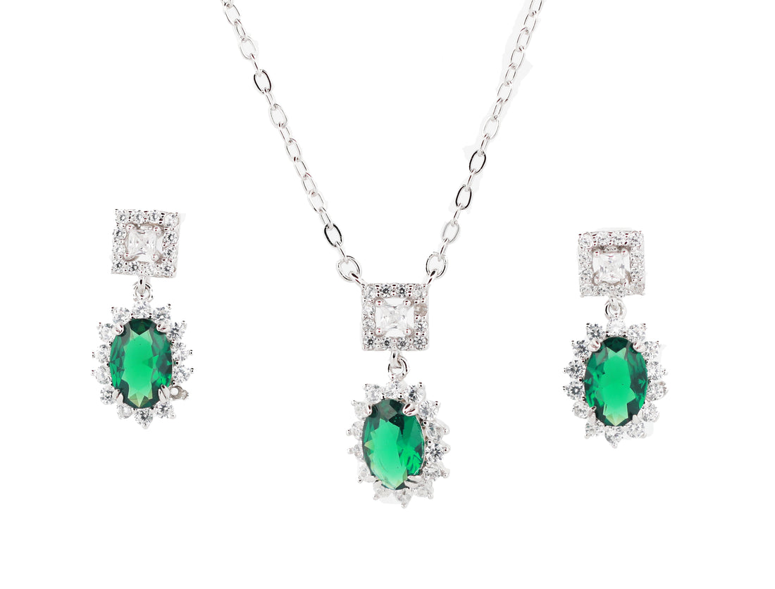92.5 Sterling Silver Bridal-Style Halo Drop  Chain Pendant Combo Set 15779