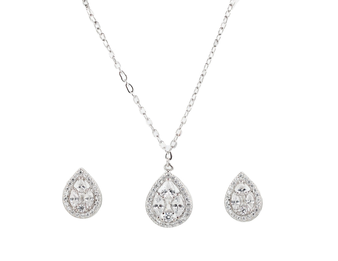 92.5 Sterling Silver Teardrop Halo  Chain Pendant Combo Set 15810