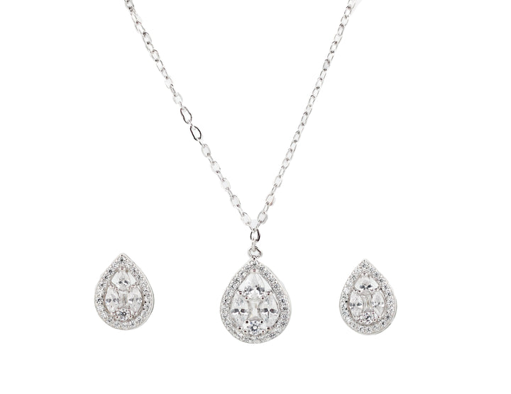 92.5 Sterling Silver Teardrop Halo  Chain Pendant Combo Set 15810