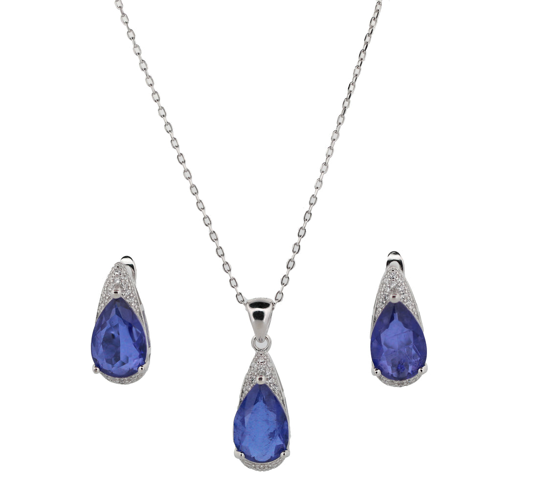 92.5 Sterling Silver Teardrop Gemstone  Chain Pendant Combo Set 15817