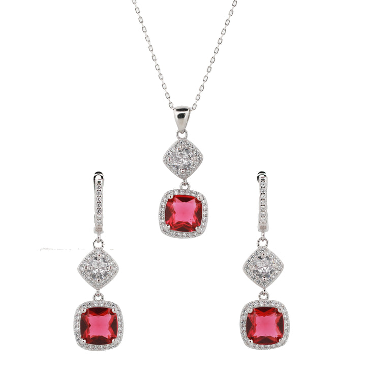 92.5 Sterling Silver Cushion-Cut  Double Drop Halo  Chain Pendant Combo Set 15821