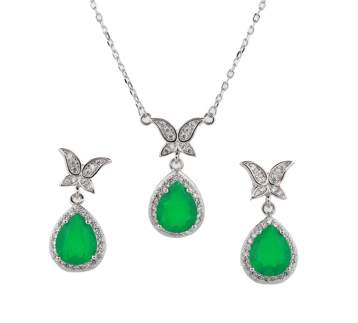 92.5 Sterling Silver Green Teardrop Butterfly Chain Pendant Combo Set 15833