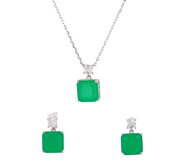 92.5 Sterling Silver  Square-Cut Green & White Stone Chain Pendant Combo Set 15834