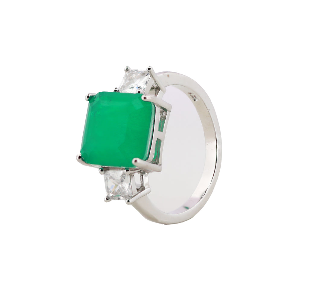 92.5 Sterling Silver  Square-Cut Green & White Stone Chain Pendant Combo Set 15834