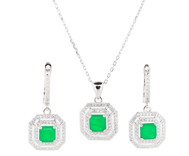 92.5 Sterling Silver Square-Cut Octagonal Halo 92.5 Sterling Silver Chain Pendant Combo Set 15835