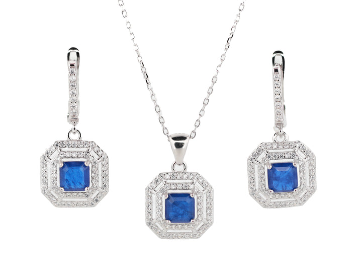 92.5 Sterling Silver Square-Cut Octagonal Halo 92.5 Sterling Silver Chain Pendant Combo Set 15835