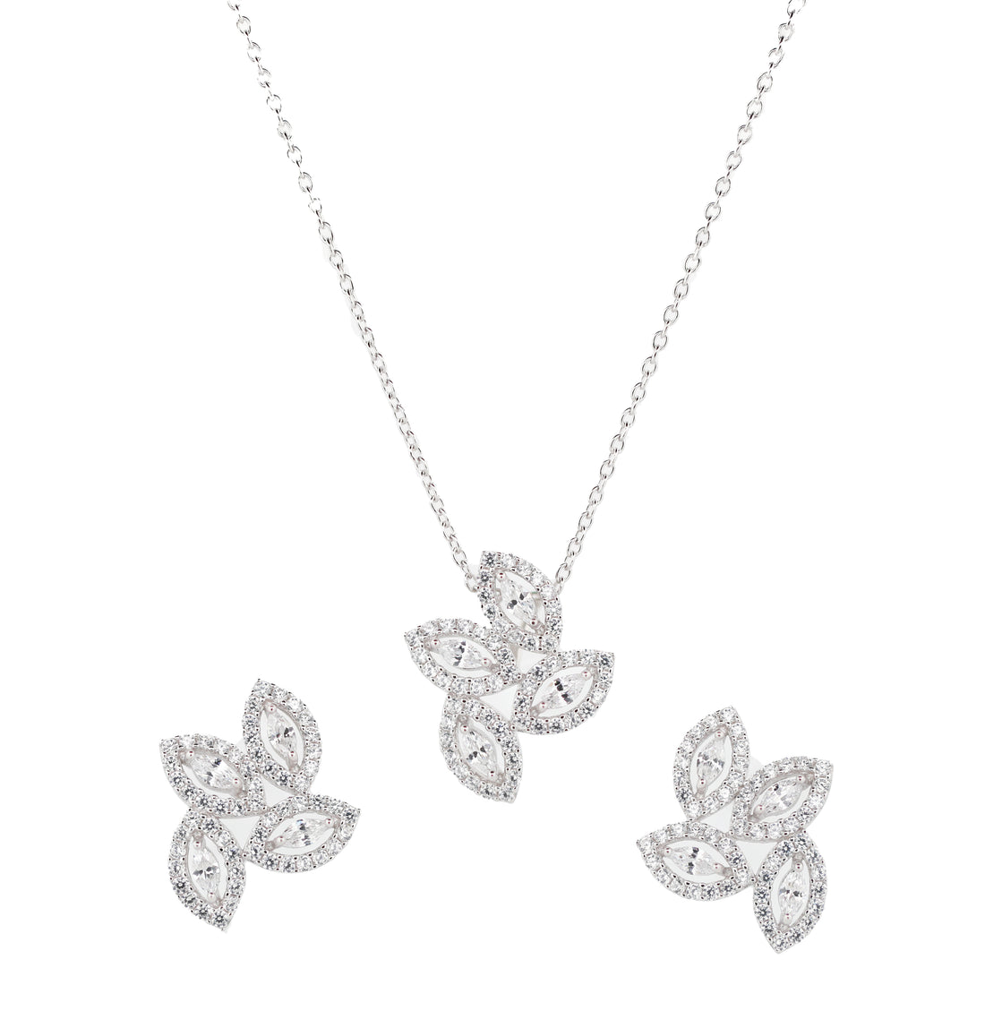 92.5 Sterling Silver Floral Marquise Cluster Chain Pendant Set 15816