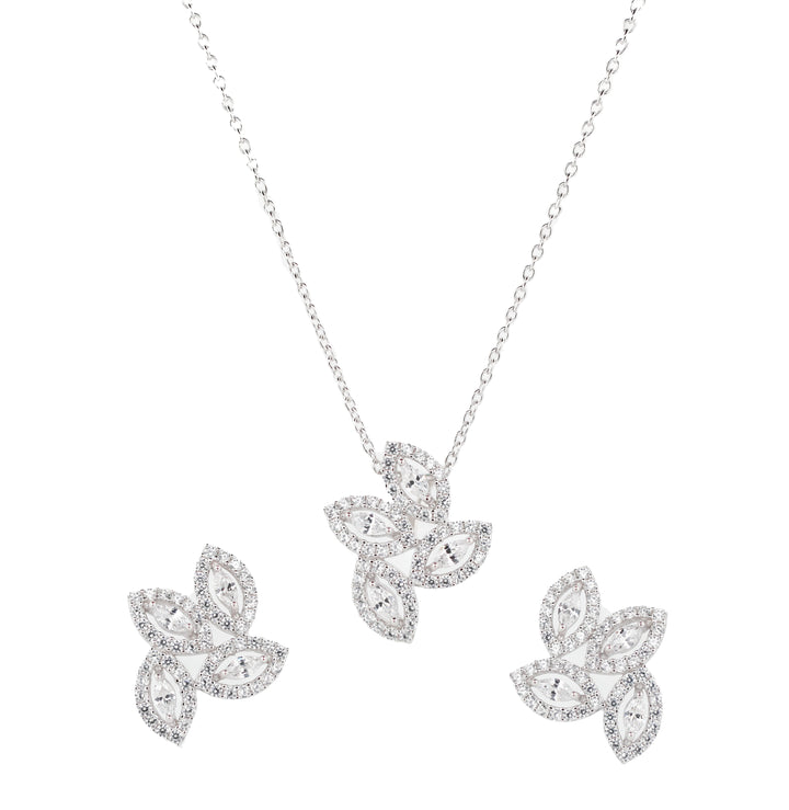 92.5 Sterling Silver Floral Marquise Cluster Chain Pendant Set 15816