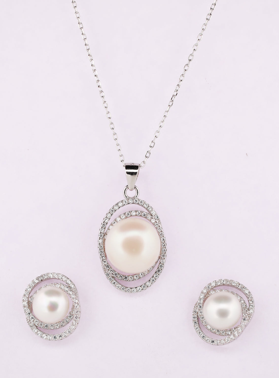 92.5 Sterling Silver  Swirl Halo Pearl Chain Pendant Set 15536