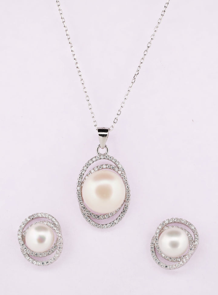 92.5 Sterling Silver  Swirl Halo Pearl Chain Pendant Set 15536