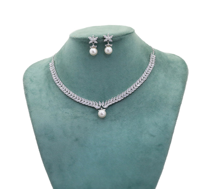 Zircon Leaf Motif Pearl Drop Necklace Set  4771