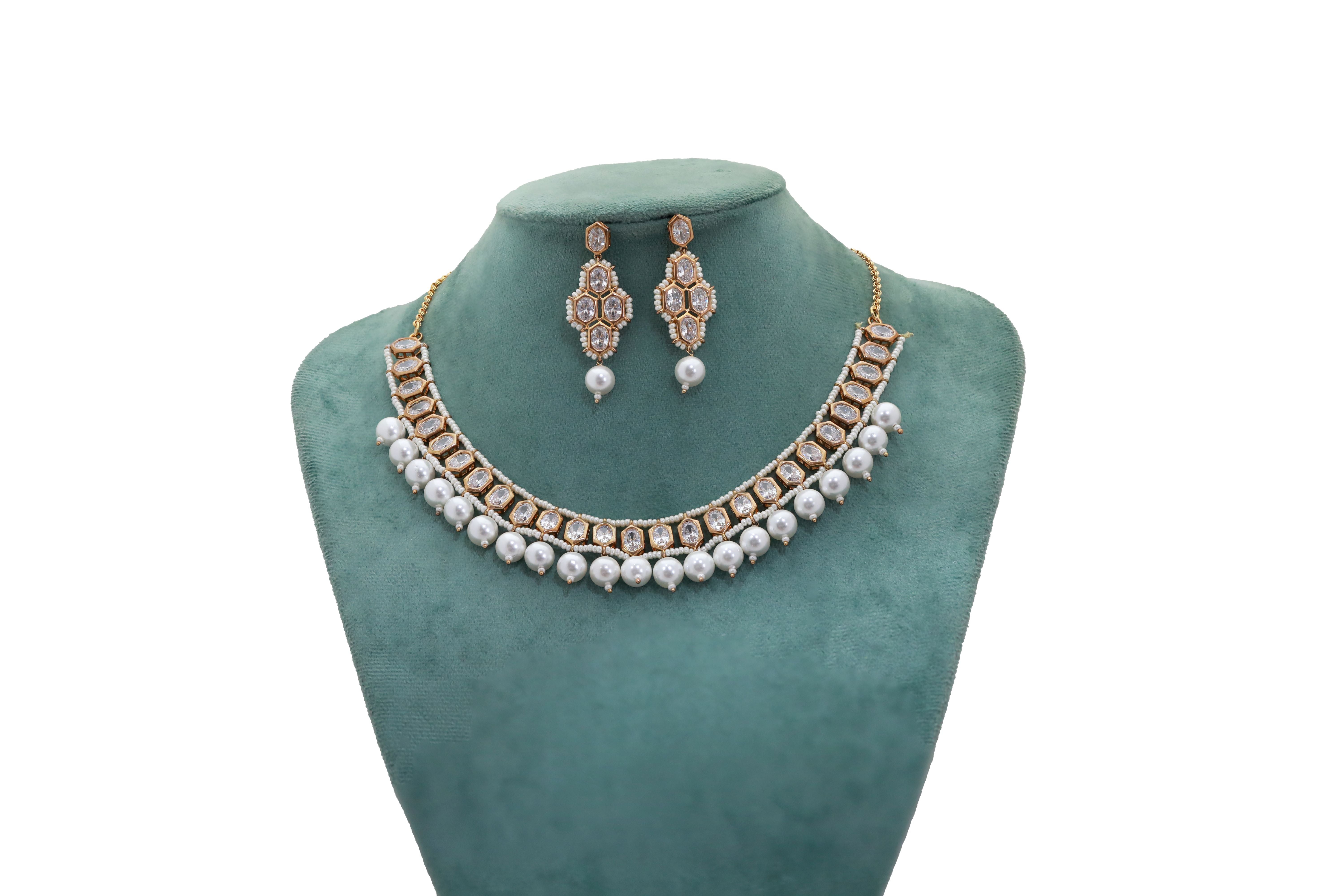 Zircon Royal Indian Polki Pearl Necklace Set 4809