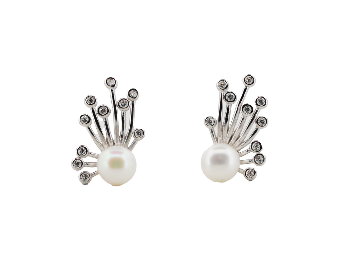 92.5 Sterling Silver  Starburst Fan Pearl Stud Earrings 15607