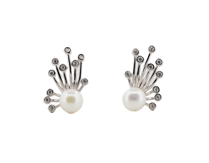 92.5 Sterling Silver  Starburst Fan Pearl Stud Earrings 15607