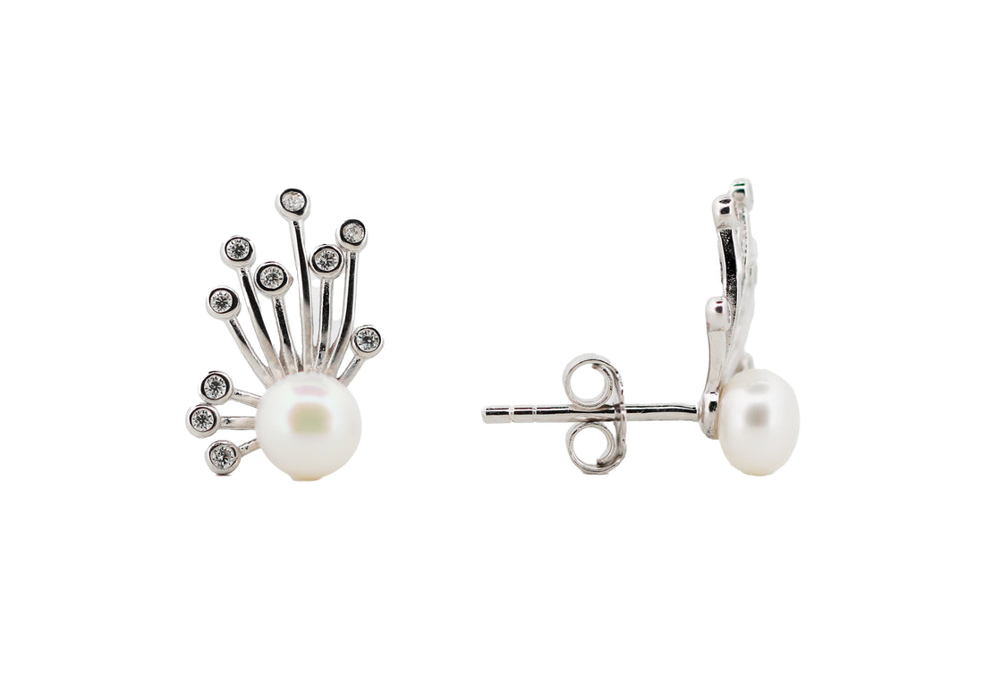 92.5 Sterling Silver  Starburst Fan Pearl Stud Earrings 15607
