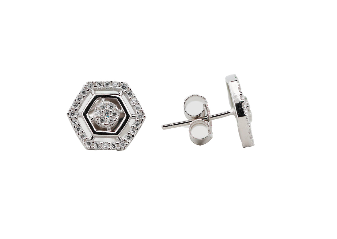 92.5 Sterling Silver Hexagon Shaped Stud  Earrings 15694