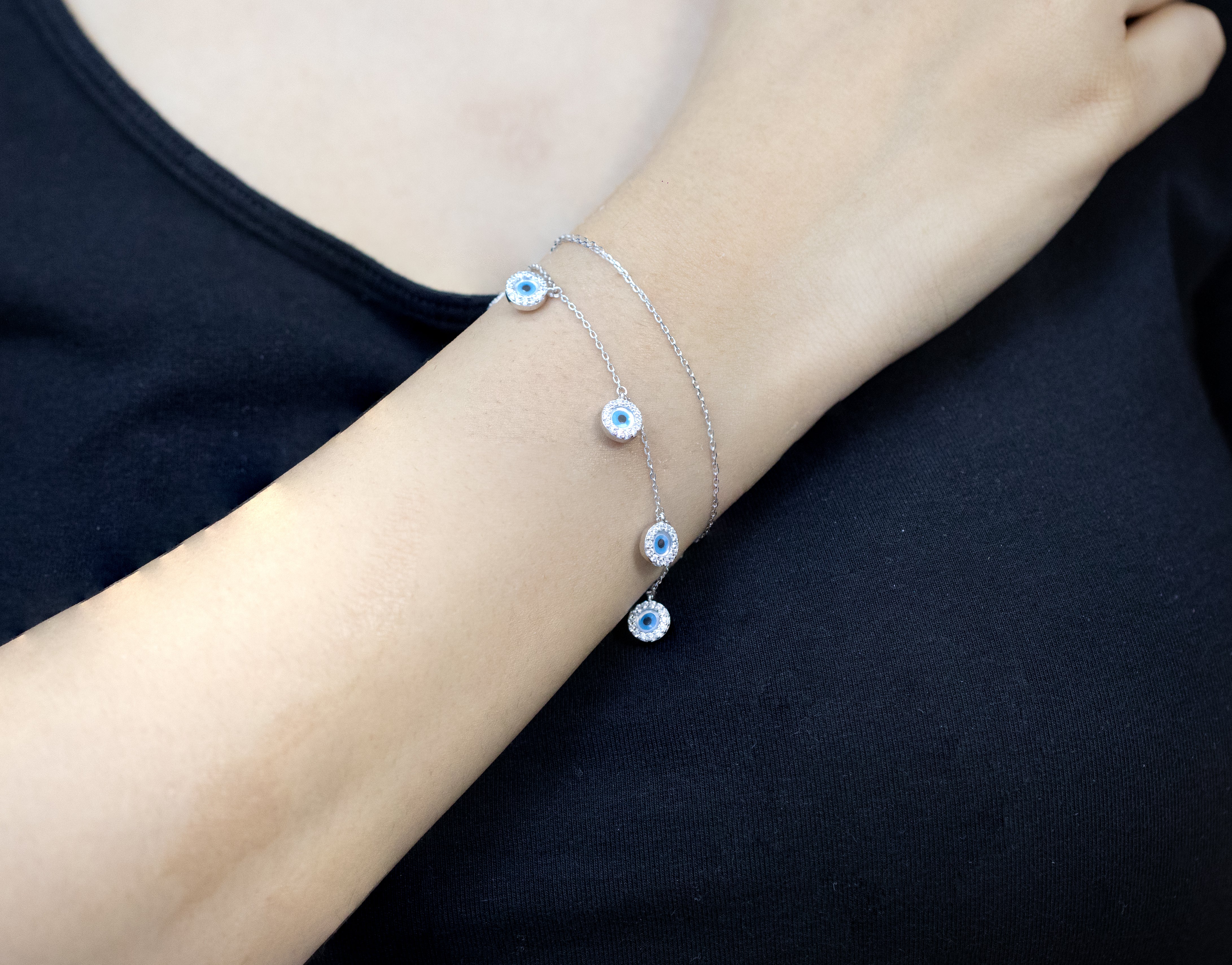 92.5 Sterling  Silver Dangling Evil Eye Bead Charm Bracelet  12418