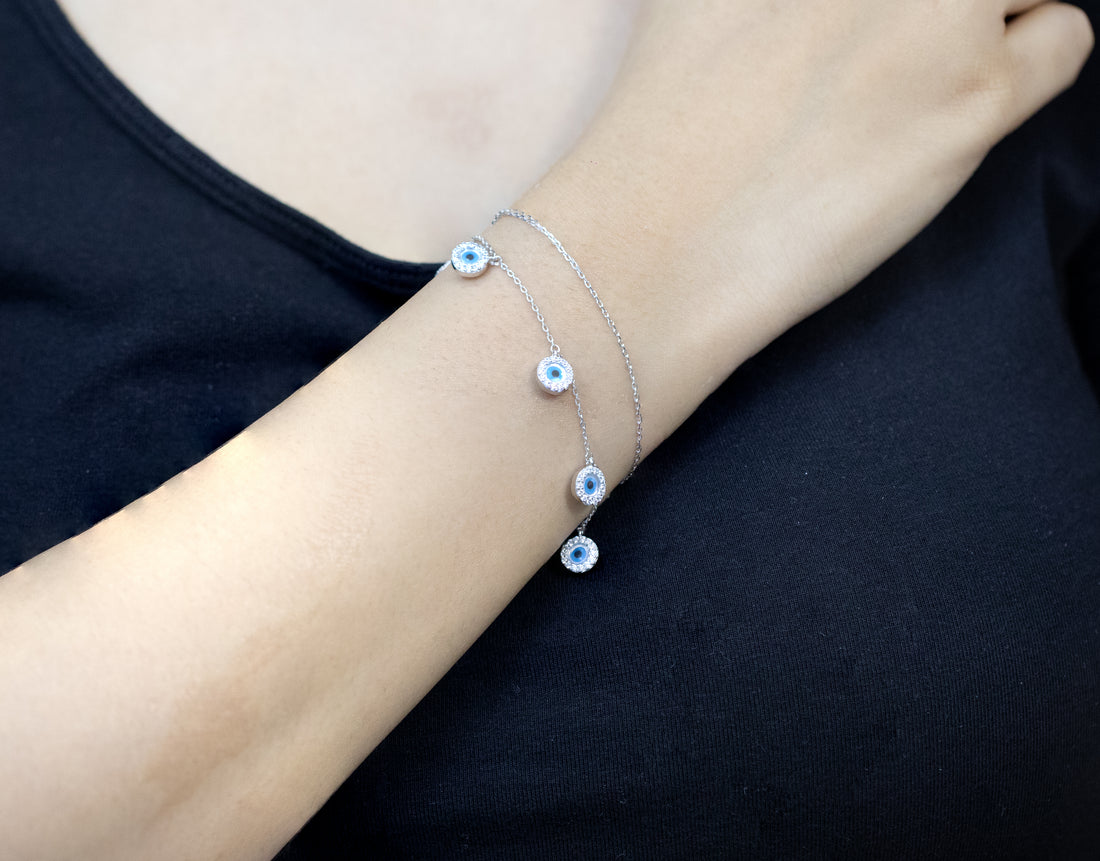 92.5 Silver Dangling Evil Eye Bead Charm Bracelet  12418