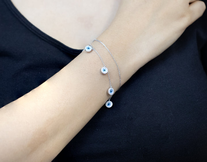 92.5 Silver Dangling Evil Eye Bead Charm Bracelet  12418