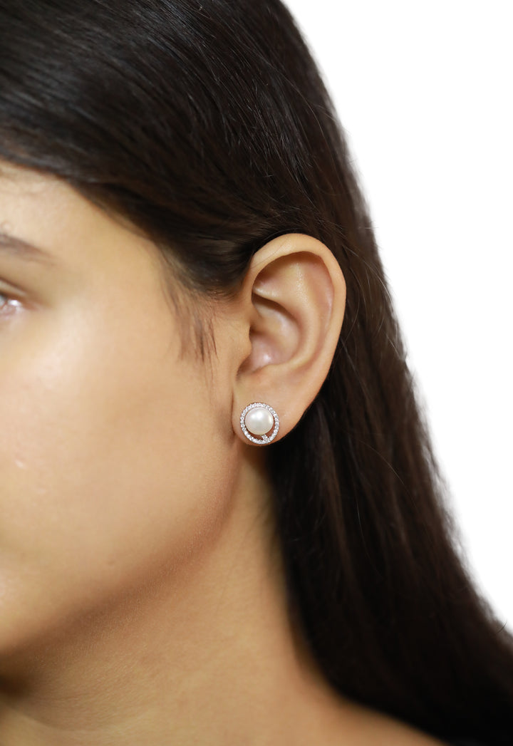 92.5 Sterling Silver Halo Pearl Stud  Earrings 15563
