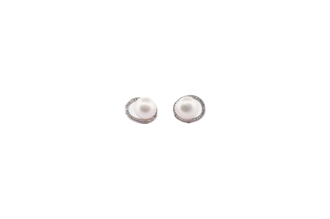 92.5 Sterling Silver Halo Pearl Stud  Earrings 15563