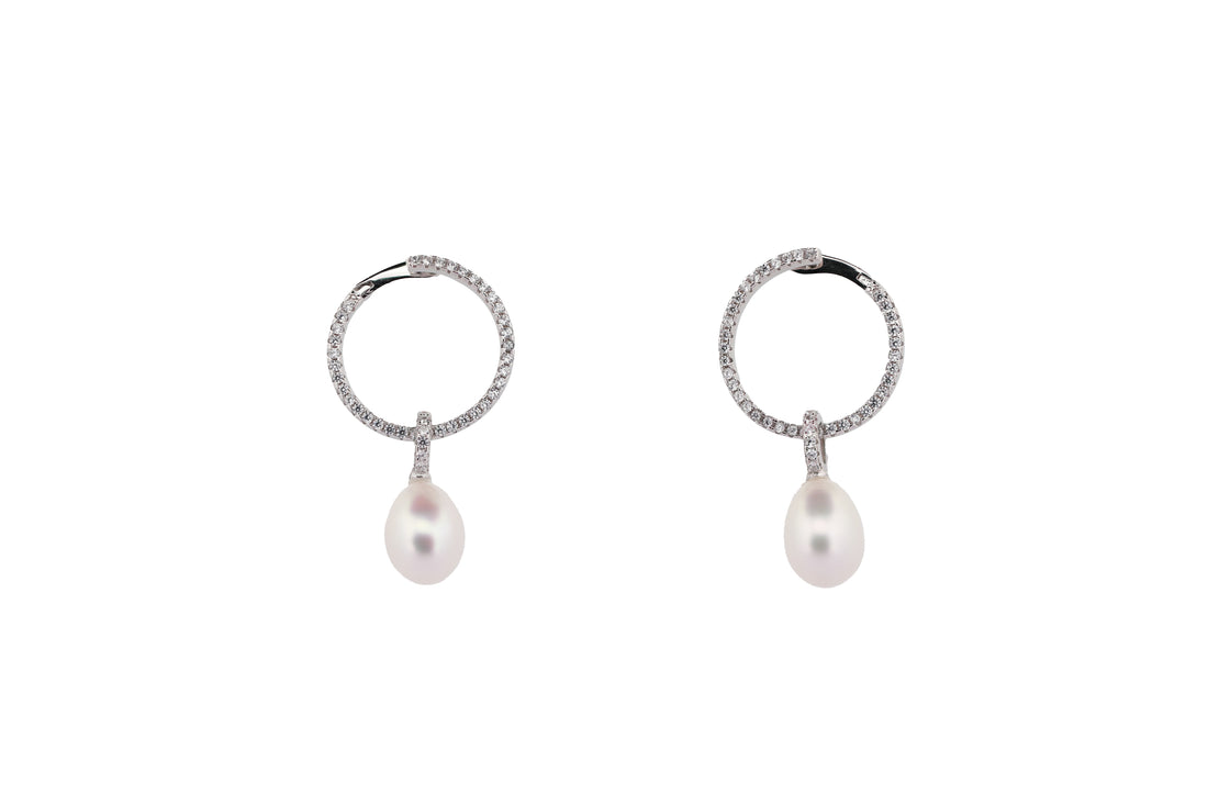 92.5 Sterling Silver Pearl Drop Hoop Earrings 15593
