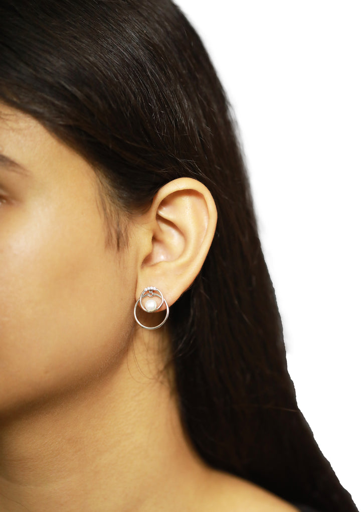 92.5 Sterling Silver Modern Double-Hoop Pearl Drop Earrings 15600