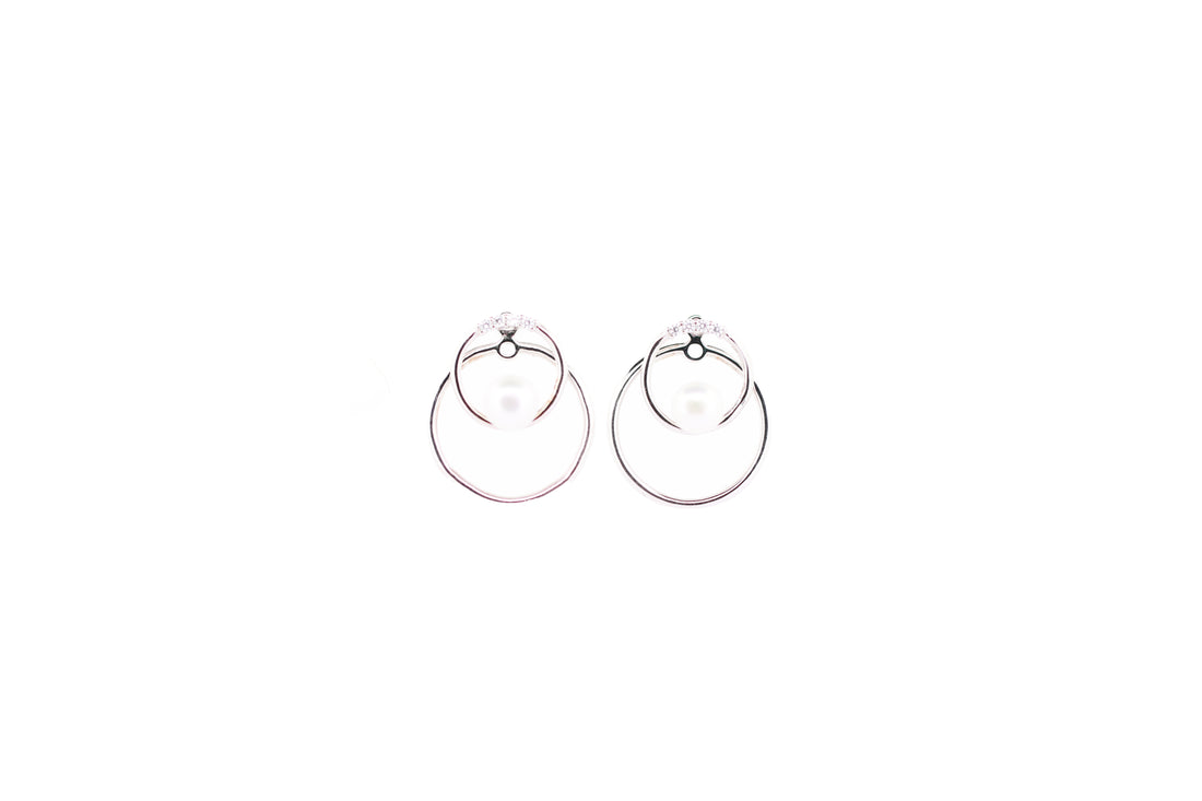 92.5 Sterling Silver Modern Double-Hoop Pearl Drop Earrings 15600