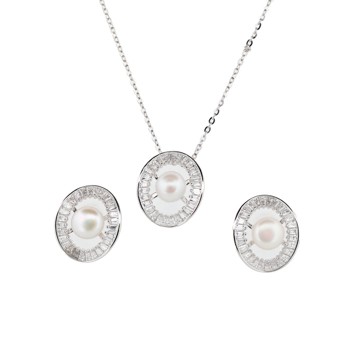 92.5 Sterling Silver Pearl and Baguette Halo Chain Pendant Set 12401