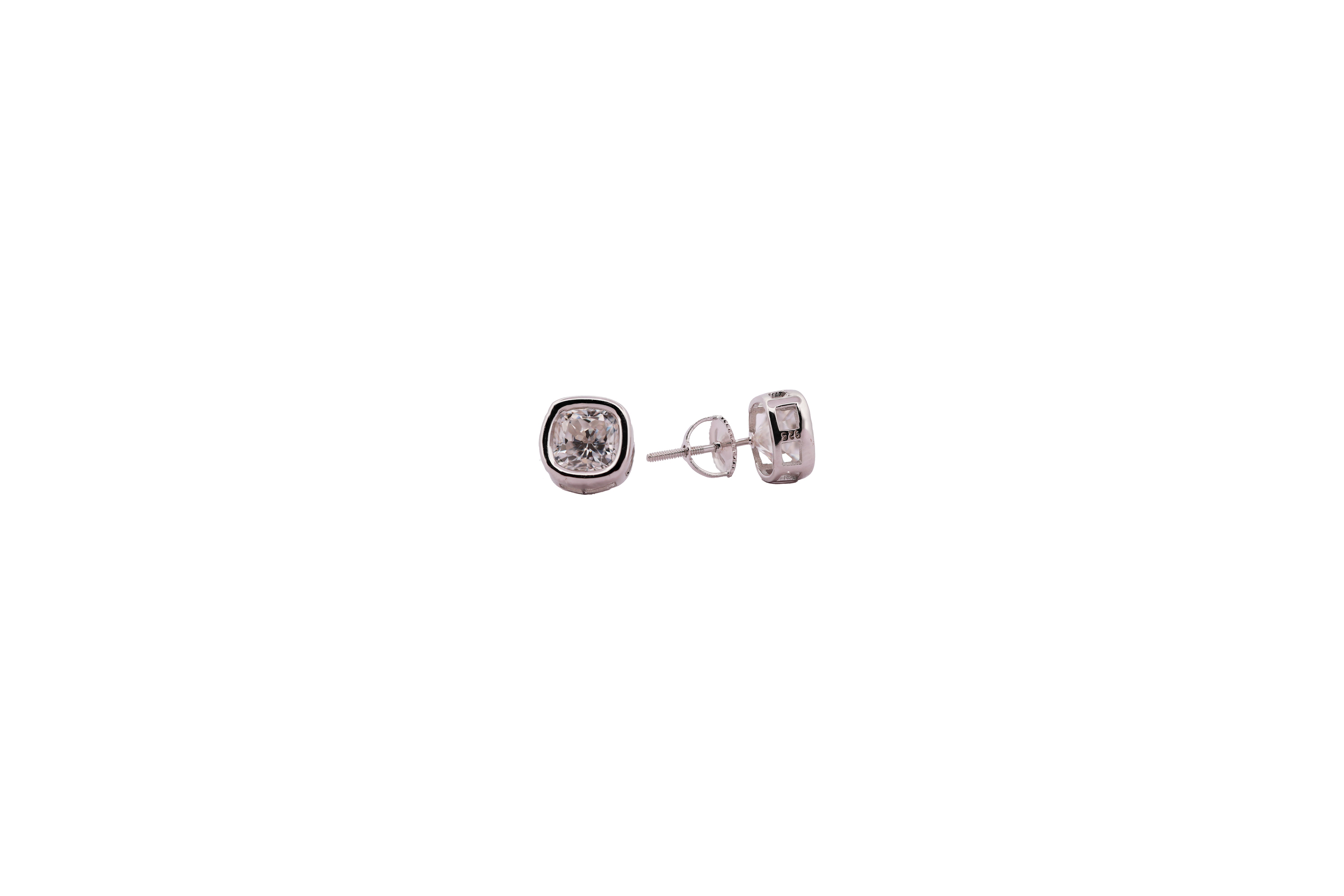 92.5 Sterling  Silver with Moissanite Bezel-Set Cushion-Cut Stud  Earrings 6625