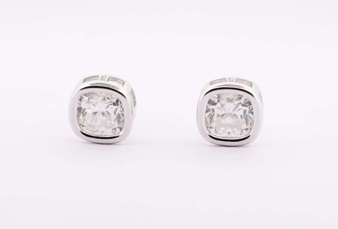 92.5 Sterling  Silver with Moissanite Bezel-Set Cushion-Cut Stud  Earrings 6625