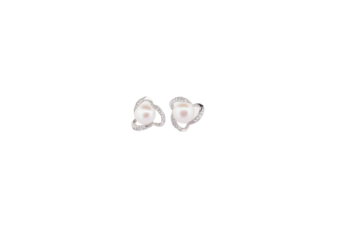 92.5 Sterling Silver Interwoven Crystal Swirl Pearl Stud Earrings 15610