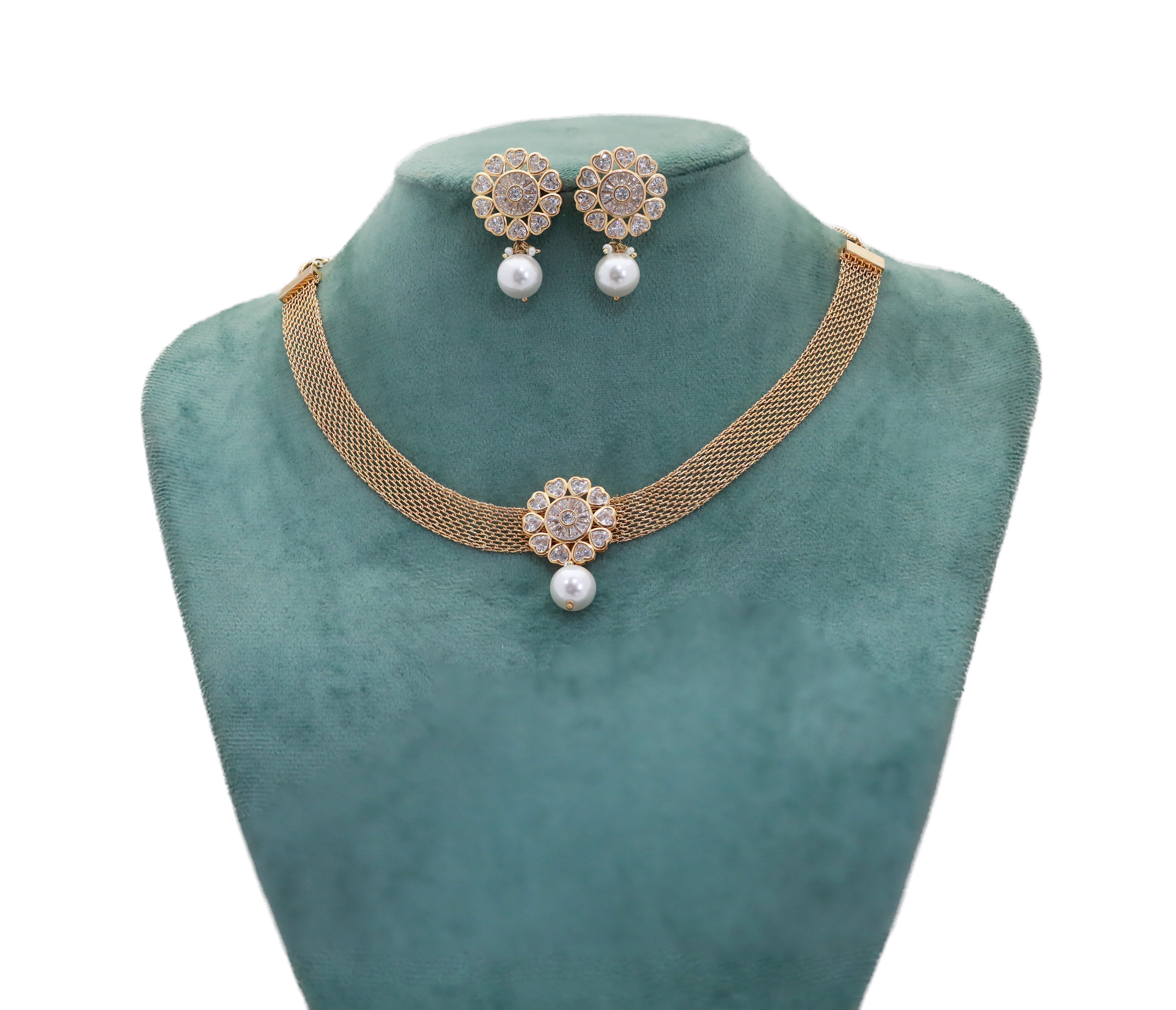 Zircon Floral Mesh Collar Necklace Set  8870