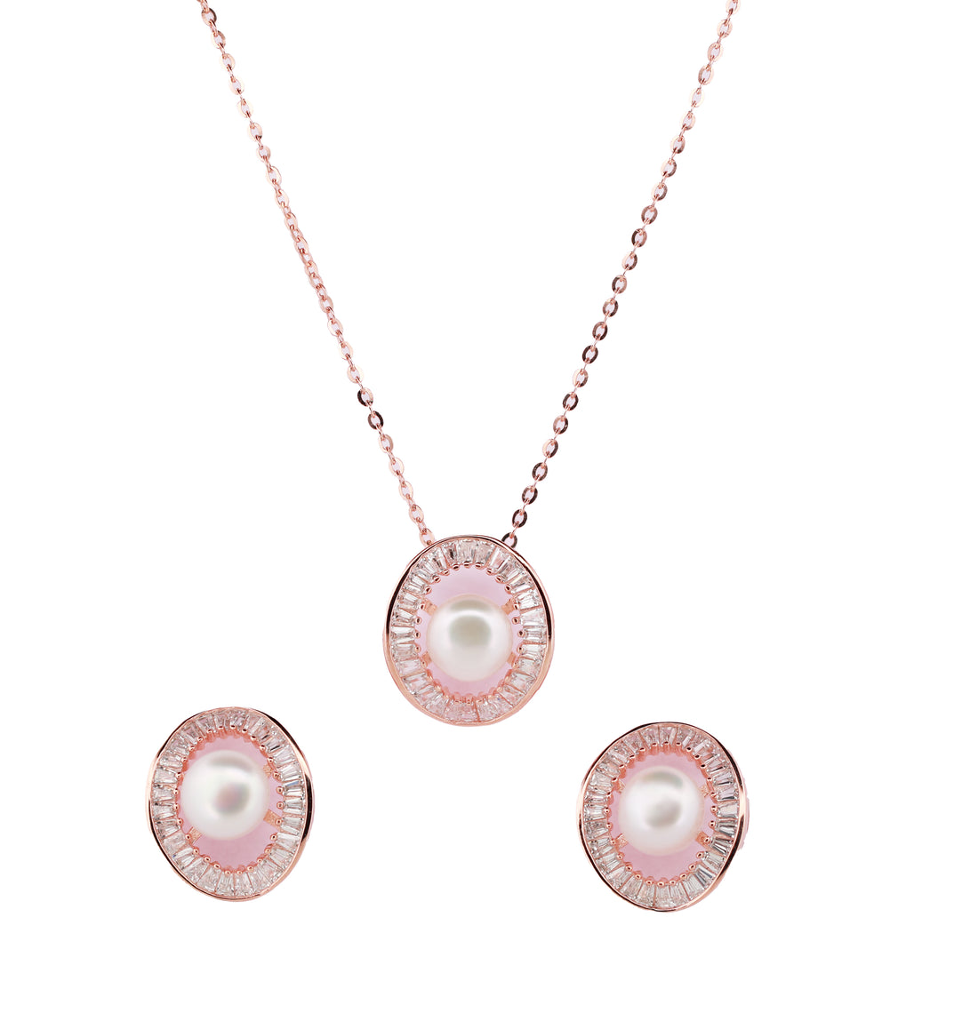 92.5 Sterling Silver Pearl and Baguette Halo Chain Pendant Set 12401